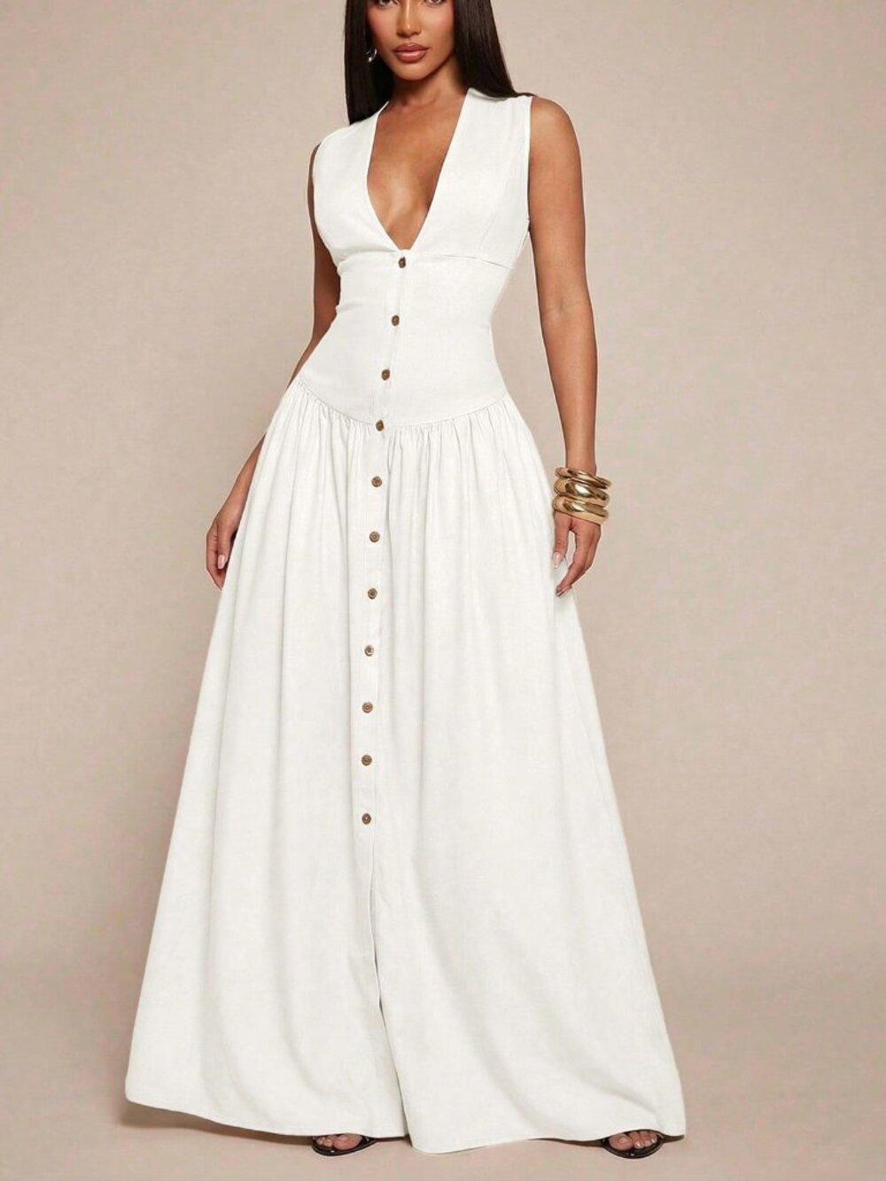 White Minimalist V-Neck Women's Linen-Blend Cinched Waist Shirt Dress - Picture 7 of 7